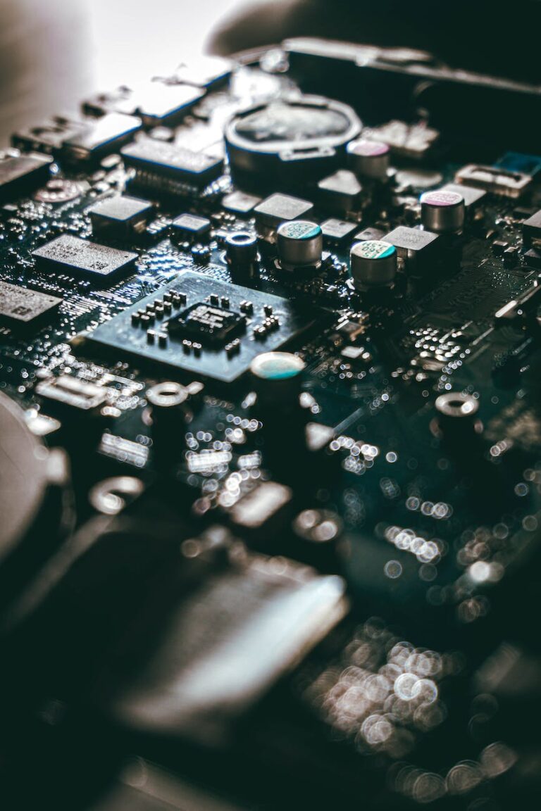 desktop motherboard with connectors and microchips at home